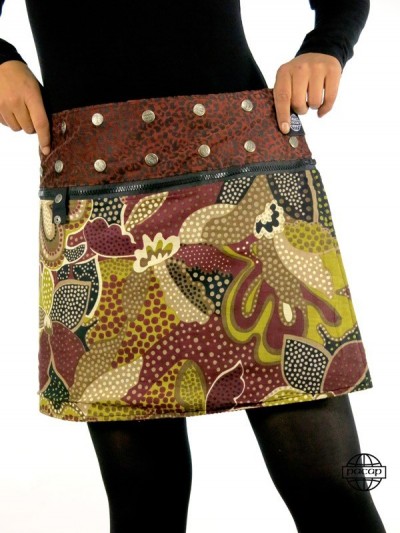 convertible mini skirt with brown and multicolored floral ethnic print