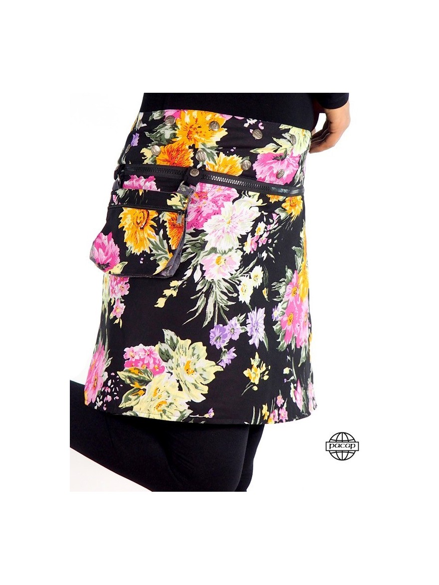 jupe noire ceinture zip imprimé floral