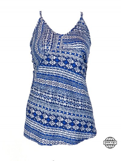 Caraco bleue motif ethnique col rond, t-shirt imprimé pour femme, haut en viscose