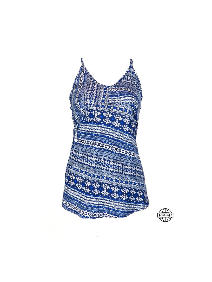 Caraco bleue motif ethnique col rond, t-shirt imprimé pour femme, haut en viscose