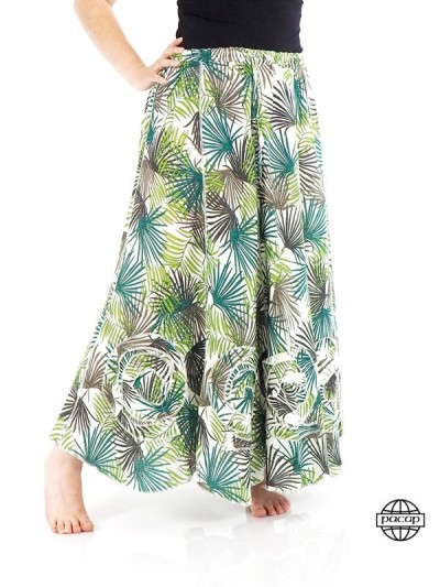 jupe robe bustier, jupe tropicale, jupe midi verte motif palmier, jupe finitions, jupe a volant, jupe taille élastique