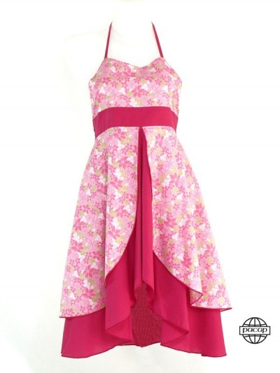 strapless summer dress with red lining on pink background
