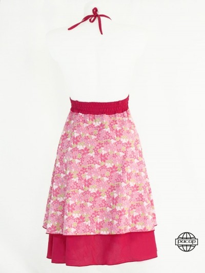 Original floral summer dress with red lining on pink floral background