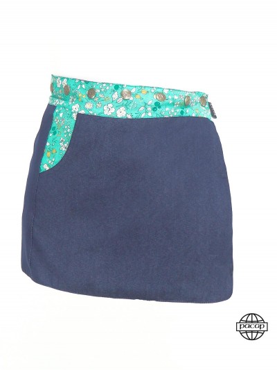 jupe jean bleu pour petite fille jupe réversible motif floral vert marque française, jupe portefeuille, jupe boutonnée