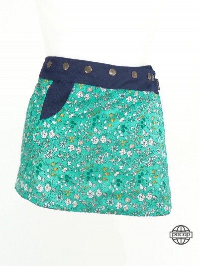 girl's reversible denim skirt with green floral motif, French brand, with pockets, medium or midi length