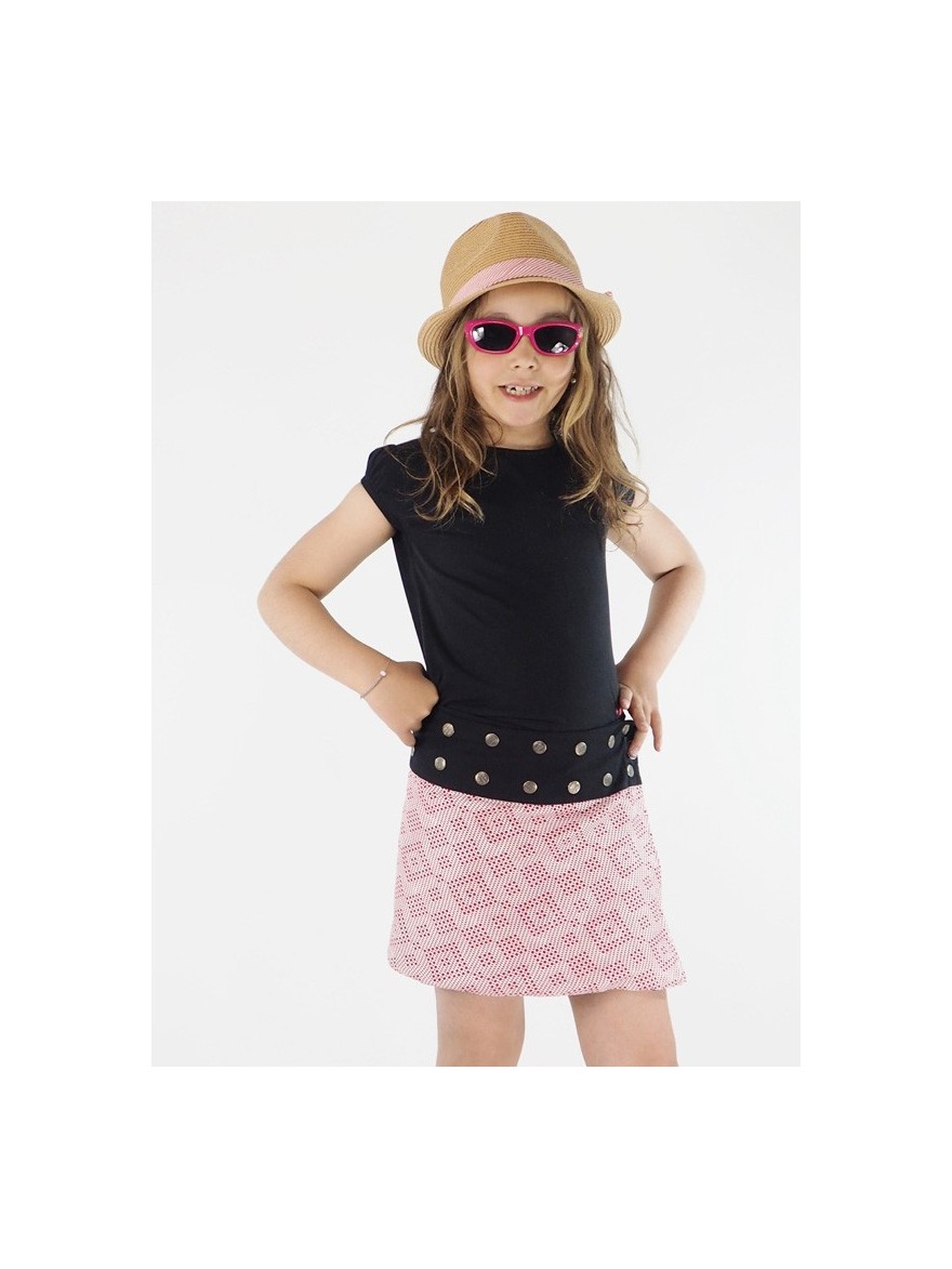 short reversible pink skirt for girls, vintage ethnic pattern, wholesale France