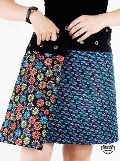 Jupe bleue portefeuille coton imprimé reversible grande taille pour femme ronde ceinture noire boutonnée