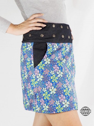 mini Jupe courte élégante décontractée coton imprimé floral bleu avec poche ceinture boutonnée devant