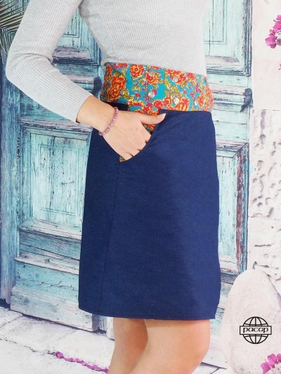 Jupe longue portefeuille en jean bleu unicolore, poche italienne à motif floral, coupe fendue, asymétrique, taille haute