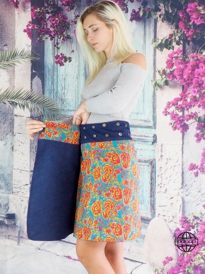 Jupe Longue en jean réversible pour femme multi taille unique ajustable, ceinture imprimé, portefeuille, wrap, fente latérale