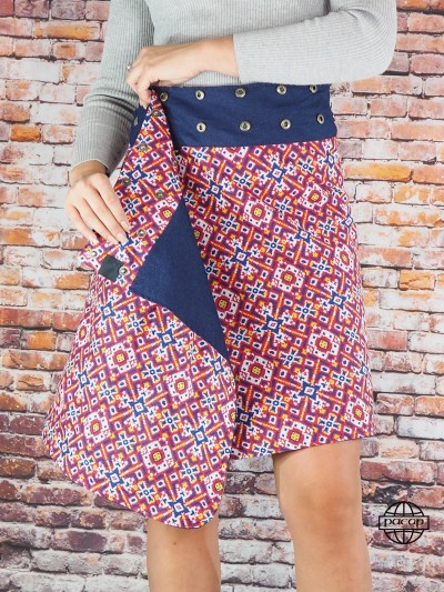 Jupe longue réversible ceinture boutonnée coton imprimé motif ethnique multicolore, ceinture jean, coupe wrap, croisée
