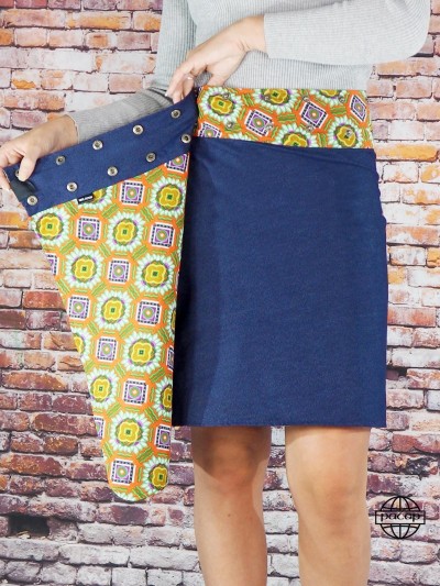 jupe longue reversible femme en jean doublure en coton orange imprimé ethnique vert ceinture double ligne de bouton pression