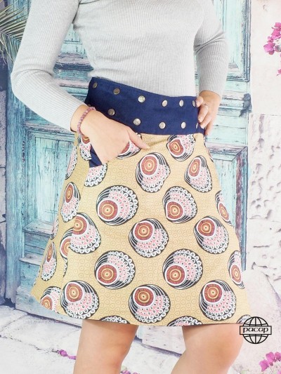 Jupe beige motif originale, fantaisie coupe portefeuille pour femme avec poches, réversible, originale, fendue, taille haute