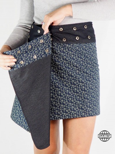 Jupe femme réversible Portefeuille doublure et ceinture en jean poche secrète motif micro-motif à fleurs. jupe mi-longue