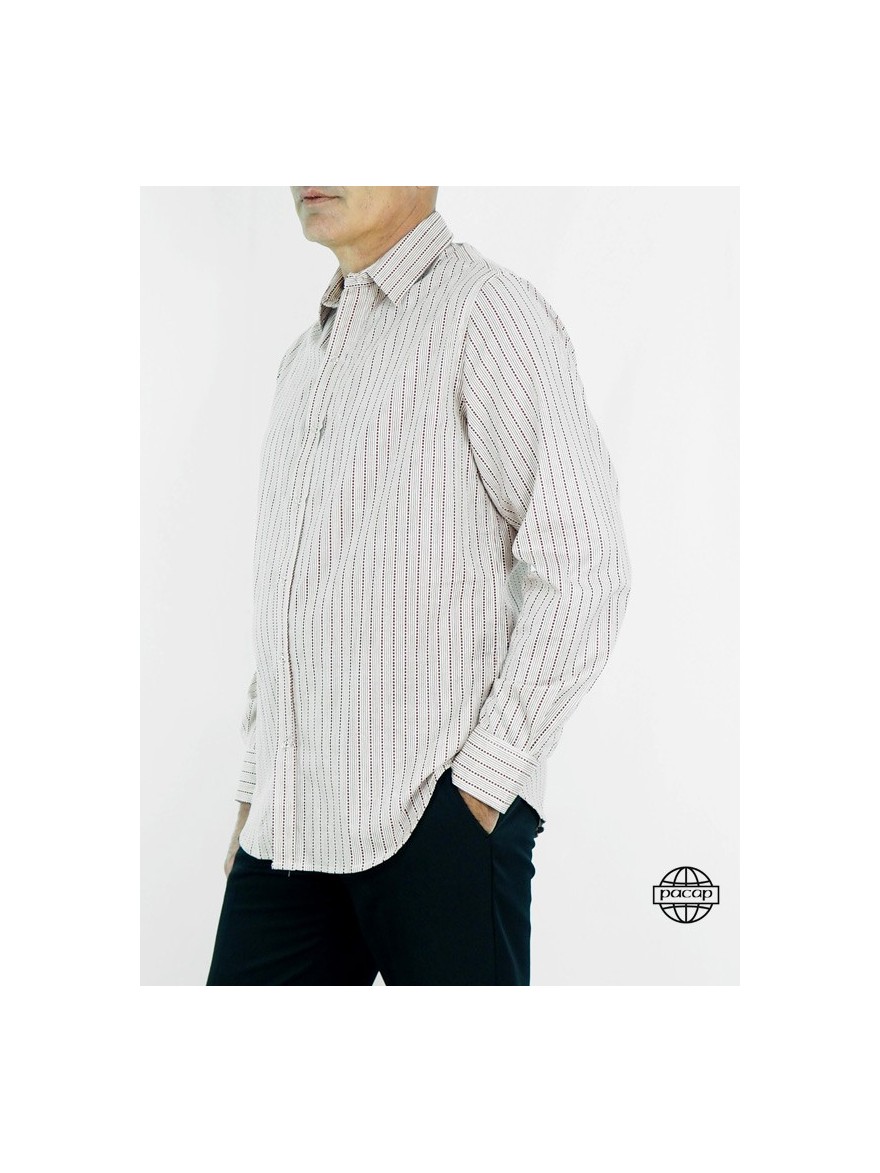 Classic slim-fit white shirt with red stripes.
