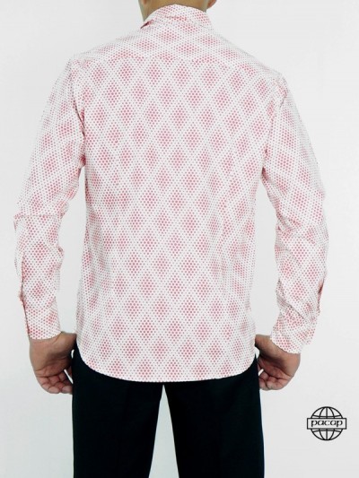 Men's White Slim Fit Shirt Pink Dots Long Sleeve Straight Fit Italian Collar 100 oton French Brand
