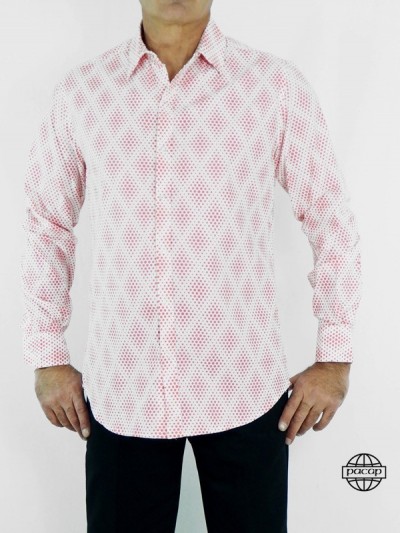 Men's White Slim Fit Shirt Pink Dots Long Sleeve Straight Fit Italian Collar 100 oton French Brand