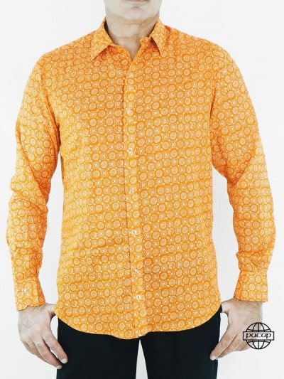 Original Men's Orange Shirt with Long Sleeve Pattern Italian Collar Straight Fit French Brand