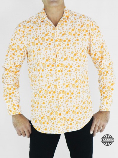 White bubble shirt, casual, orange pattern
