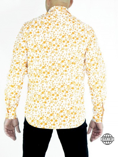 Men's White Tailored Shirt with Orange Bubbles Long Sleeves Curved Cut French Brand