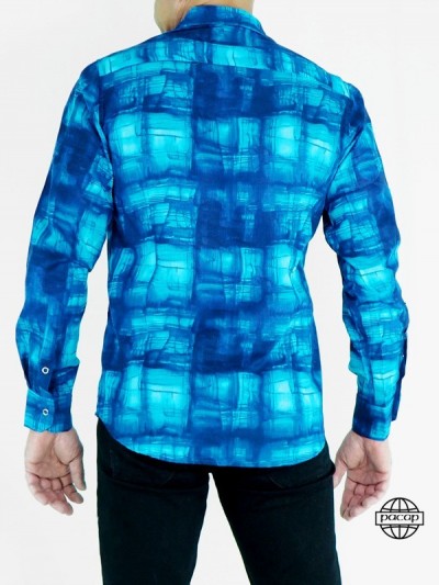 Chemise Abstraite Fashion Bleue en Coton pour Homme Manches Longues Coupe Cintrée