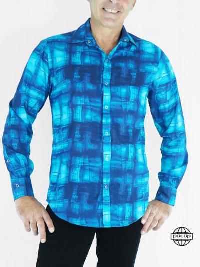 Shirt Abstract Fashion Blue Cotton for Men Long Sleeves Curved Cut French Brand