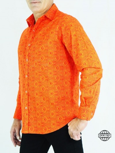 Chemise Orange Rouge à Imprimés Géométrique Pas Cher Homme Manches Longues Été Coupe Droite