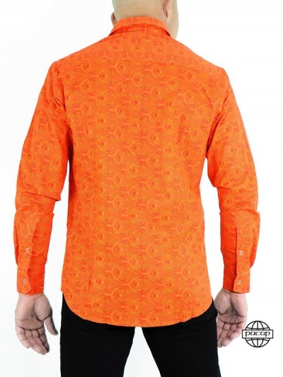 Chemise Orange Rouge à Imprimés Géométrique Pas Cher Homme Manches Longues Été Coupe Droite Marque Française