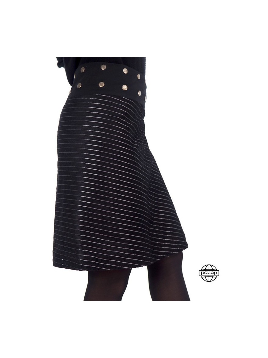 jupe portefeuille rayée en velours noir réversible pour femme haute gamme tissu de qualité boutonnée ceinture large à pression