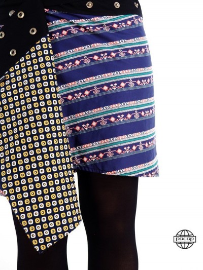 jupe taille unique reversible pour femme collection automne hiver a collant imprimé micro motif bleu marine ceinture à boutons