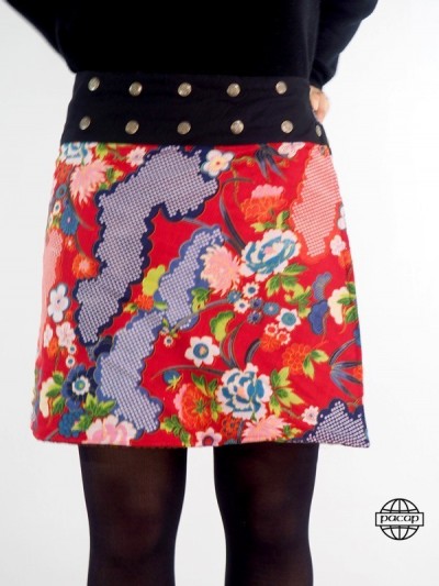 jupe fendue rouge imprimé floral ceinture noire Boutonnée coupe trapèze, jupe wrap reversible pour femme