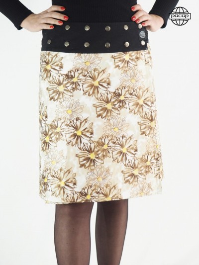 jupe portefeuille en velours satiné imprimé fleurs coupe droite réversible ceinture à bouton pression
