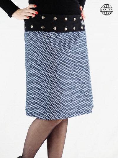 Printed blue milleraies velvet long skirt with wide-banded black belt and logo button fastening
