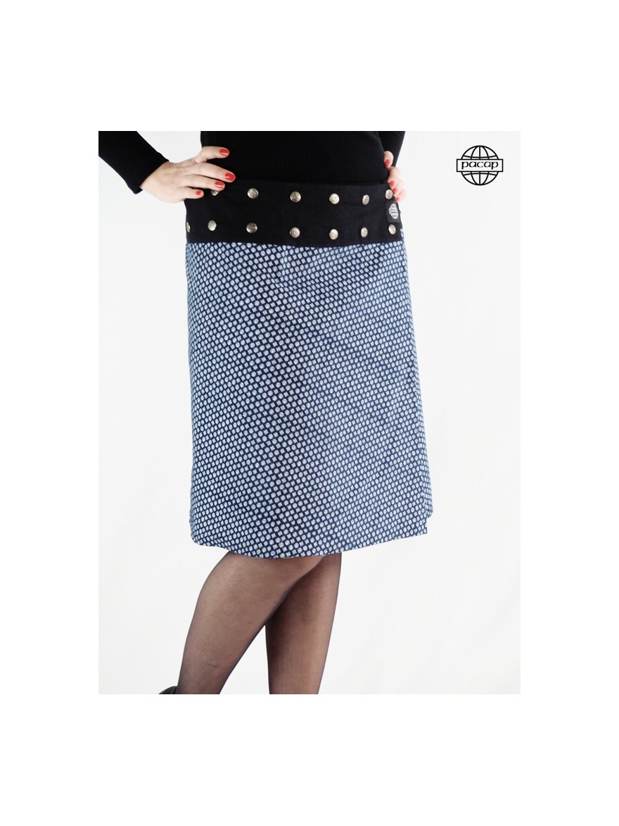 Printed blue milleraies velvet long skirt with wide-banded black belt and logo button fastening