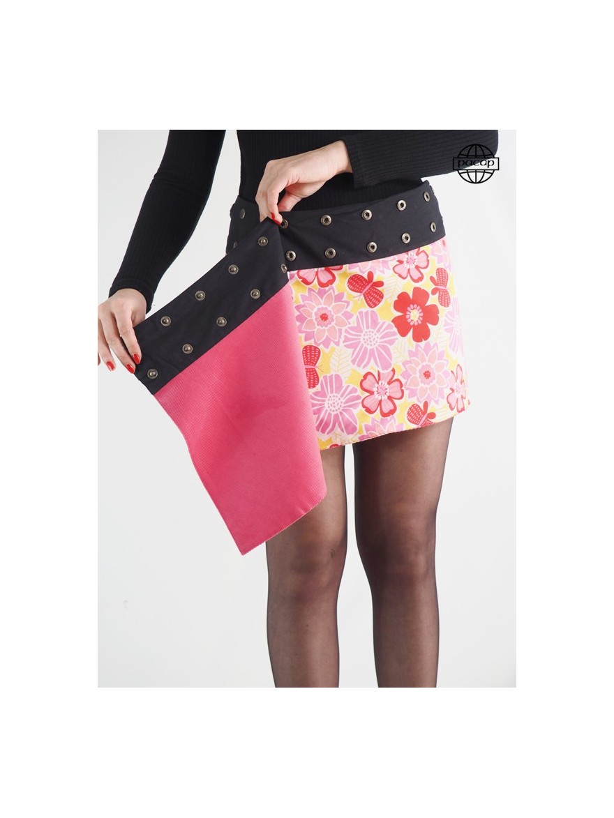 Mini jupe courte portefeuille pour femme en velours rose réversible imprimé fleurs colorées sur coton boutonnée