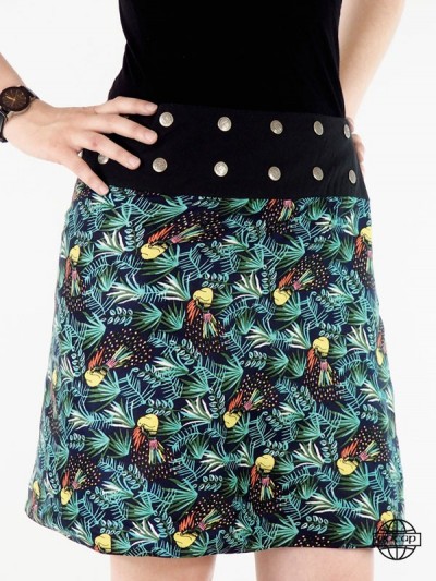 Skirt with printed parrot animal and foret foliage