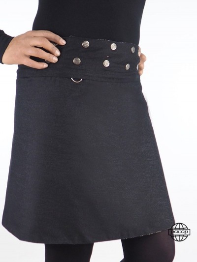 black denim skirt with snap button and pocket