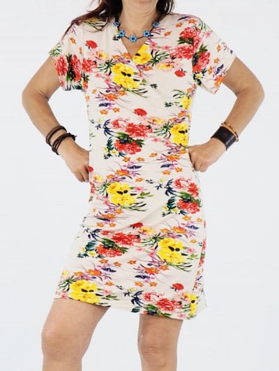 multicolored floral short dress with short sleeves and lycra wrap for women