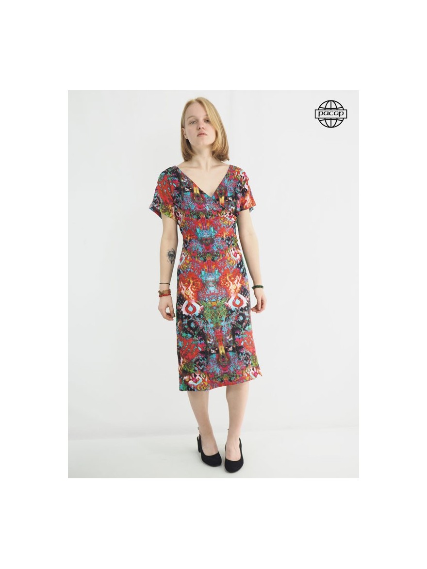 red patterned long dress for women, with short sleeves and crossed heart, summer 2021 collection