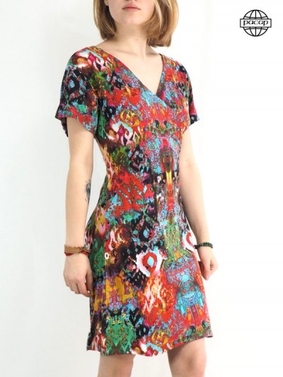 robe longue courte Motif Africain Wax Coloré Cœur-Croisé Coton Lycra été coeur croisé a manches avec imprimé