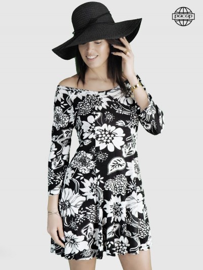 robe volante et plissée a fleurs noires et blanches, robe manche longues pour femme collection été, robe chic, robe ample