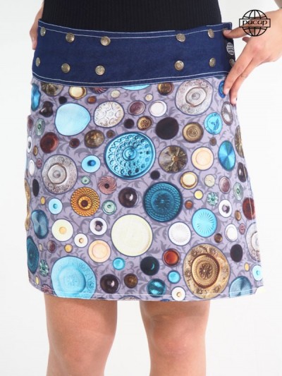 jupe portefeuille réversible bleue coupe droite imprimé graphique pour femme