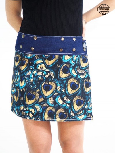 Limited Edition Digital Print Skirt with Peacock Feathers in Jean