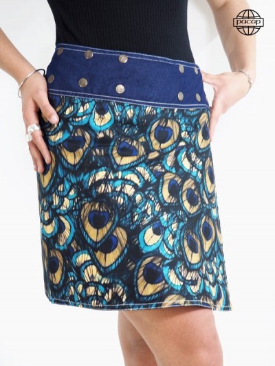 Edition Limited, Skirt Print Digitale Ground Animals Paon Plumes In Jean Bleu