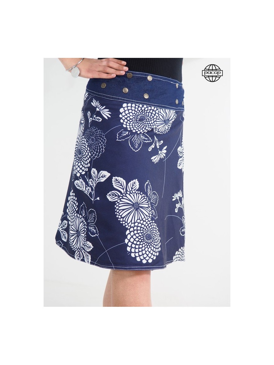 Blue long skirt with buttoned print Japanese lotus and botanical garden flowers