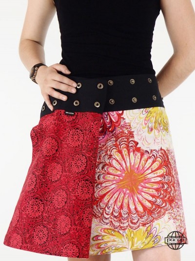 jupe trapèze rouge imprimé réversible grande taille plus a bouton pression multi taille pour femme ronde