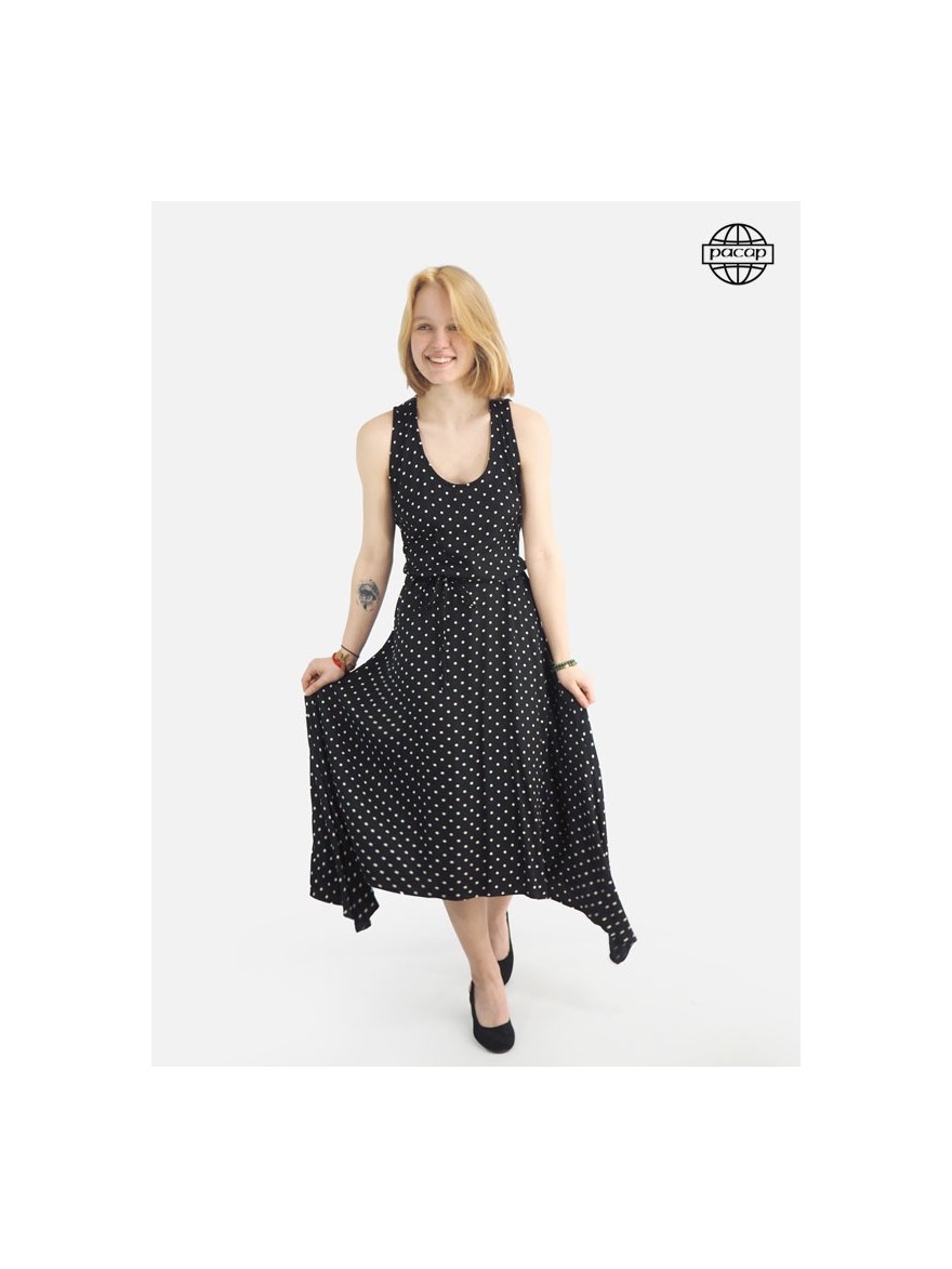Long black summer dress with white polka dots for women without sleeves, women's dress, viscose dress
