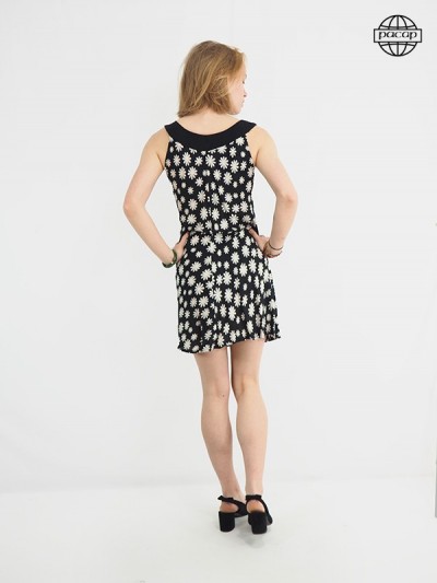 short black and white dress with bare arms, round neck dress, low neckline dress, flower print dress