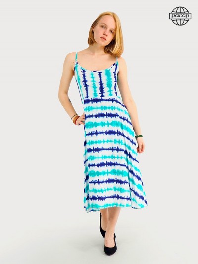 robe longue bleue a fines bretelles réglables, robe femme imprimée, robe d'été.