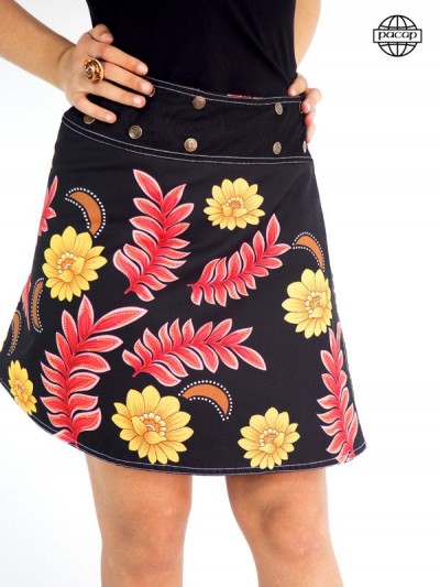 Trapeze skirt has printed and belt buckle